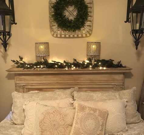 Unique Headboards Diy, Old Fireplace Mantle, Fireplace Mantle Headboard, How To Decorate A Bookcase, Mantle Headboard, Mantel Headboard, Mantel Flowers, Unique Headboards, Bedroom Unique