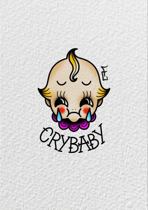 Traditional tattoo design Sour Tattoos, Kewpie Tattoo Traditional, Traditional Tattoo Baby, Kewpie Tattoo, Olive Tattoo, Kewpie Art, Baby Cry, Baby Tattoo, Tattoo Practice