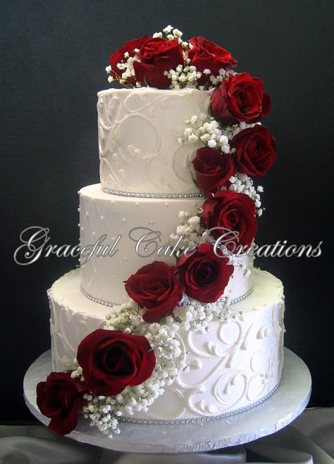 Red And White Cakes Birthday, Cascading Flower Wedding Cake, Red Flower Wedding Cake, Red Wedding Theme Flowers, Red And Silver Wedding Invitations, Navy Blue And Burgundy Wedding Cake And Cupcakes, Wedding Cakes Roses, Wedding Cakes Red Roses, Red Roses Wedding Cake