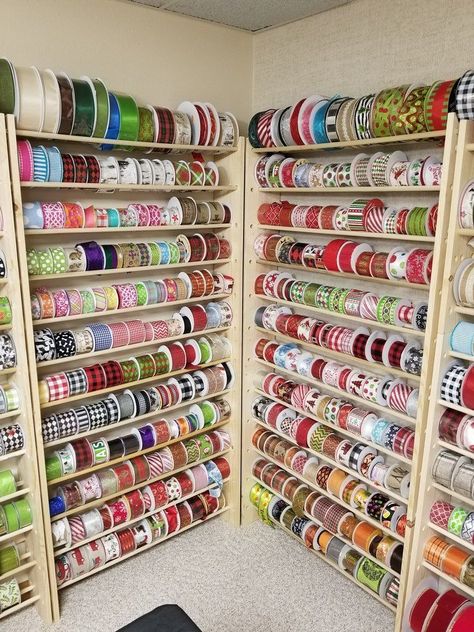 Ribbon Rack Diy, Ribbon Racks Storage, Ribbon Storage Ideas Organizing, Storing Ribbon, Ribbon Storage Ideas, Craft Ribbon Storage, Wrapping Room, Ribbon Rack, Craftroom Ideas