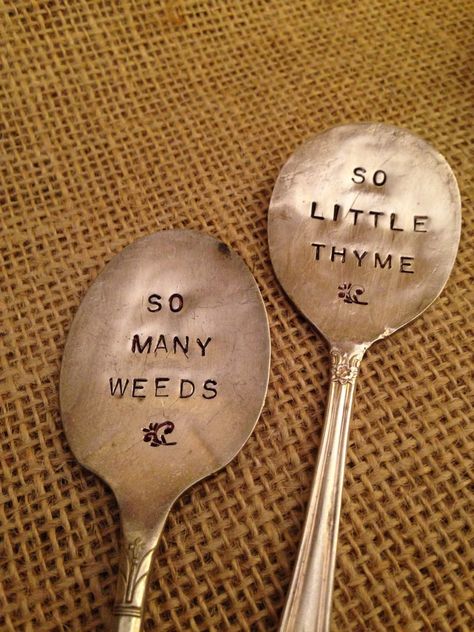 Spoon Stamping, Stamped Silverware, Herb Garden Markers, Silver Garden, Cutlery Art, Silverware Crafts, Silverware Art, Spoon Crafts, Spoon Art