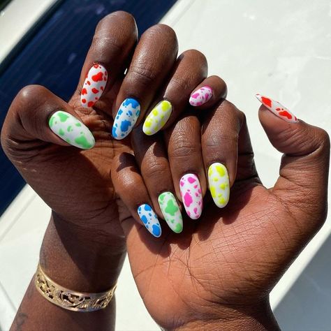 Yellow Cow Print Nails, Gel Manicure Designs, Cow Print Nails, Bad Nails, Sunflower Nails, Cow Nails, Peach Nails, Indigo Nails, Stylish Nails Designs