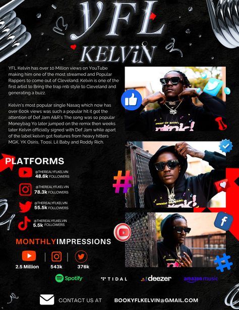 This 1-page electronic press kit template for bands, singers, and musicians is the perfect way to professionally introduce yourself to venues, festivals, press, and promotors ready to land the gig of your dreams! The media kit template for music artists includes an artist's bio, links to your music, photos, a summary of your past performances, and your contact details. You can input all of your own information, including your own photos, in this pre-made electronic press kit template. Electronic Press Kit Musicians, Rnb Style, Press Kit Template, Electronic Press Kit, Press Kits, Popular Rappers, Media Kit Template, Introduce Yourself, Artist Bio