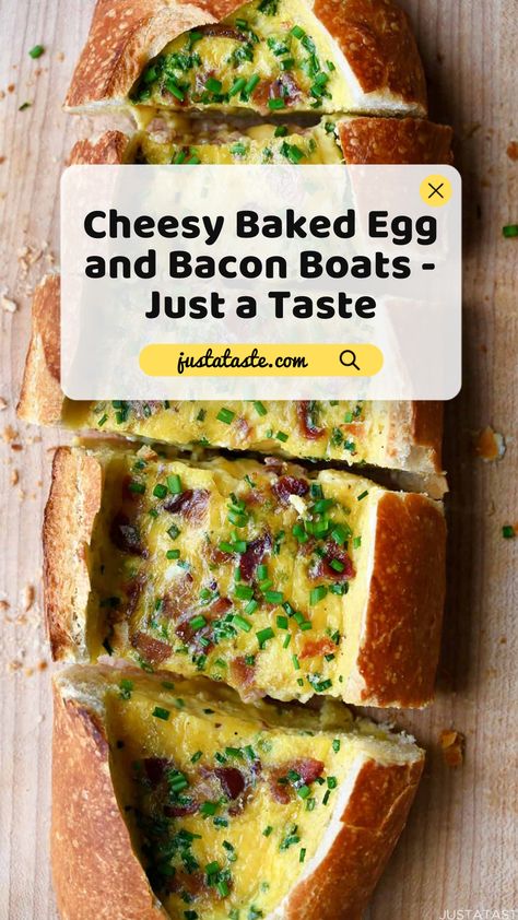 Make breakfast a breeze with a quick and easy recipe and video tutorial for baked egg boats loaded with cheese and bacon. Egg Boats, Egg And Bacon, Baked Egg, Just A Taste, Make Breakfast, Holiday Breakfast, Baked Eggs, How To Make Breakfast, Brunch Recipes