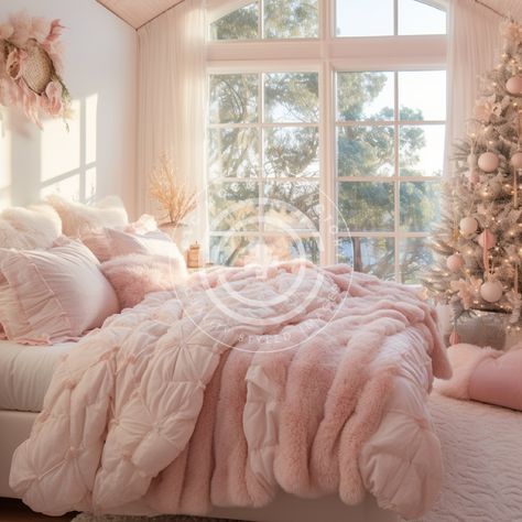 This wonderful cozy pink Christmas bedroom stock image/multi-use mockup photo features a soft pastel holiday aesthetic with pink & white decor. Perfect for content creators or to place your products into for mockups.  Vibe: Pink, Pastel, French Country, Cozy, Warm, Country, Classic, Pretty, Cottagecore, Festive, Christmas, Holiday THIS IMAGE IS ALSO AVAILABLE IN THESE BUNDLES: + Our 'Full House' Pink & White Holiday Home Bundle of 72 images:  https://ccmockupfactory.etsy.com/listing/1583930995/pink-christmas-mockup-bundle-set-of-72  + Our bundle of 12 Cozy Pink & White Bedrooms here: https://ccmockupfactory.etsy.com/listing/1583320853/holiday-mockup-photo-bundle-set-of-12 The perfect vessel to showcase your brand! Our mockups/stock images are simple to use - just add your graphic, make any Classy Pink Bedroom, Pastel Pink Christmas Aesthetic, Christmas Bedroom Pink, Pink Christmas Decorations Bedroom, Pink Christmas Bedroom Decor, Christmas Bedroom Decor Aesthetic, Pink Christmas Room, Vibe Rosa, Aesthetic Pink Bedroom