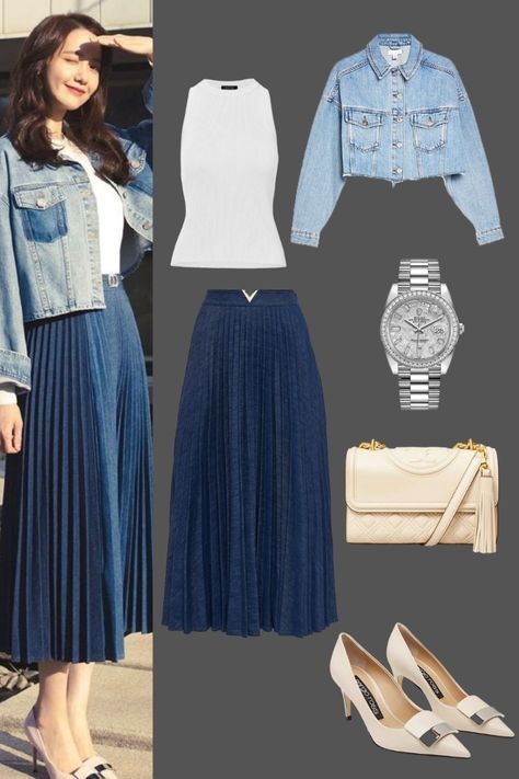 Light Blue Jacket Outfit, Blue Midi Skirt Outfit, Blue Pleated Skirt Outfit, Blue Denim Skirt Outfit, Pleated Skirt Outfit Ideas, Blue Skirt Outfits, Womens Skirt Outfits, Rok Outfit, Elegance Dress