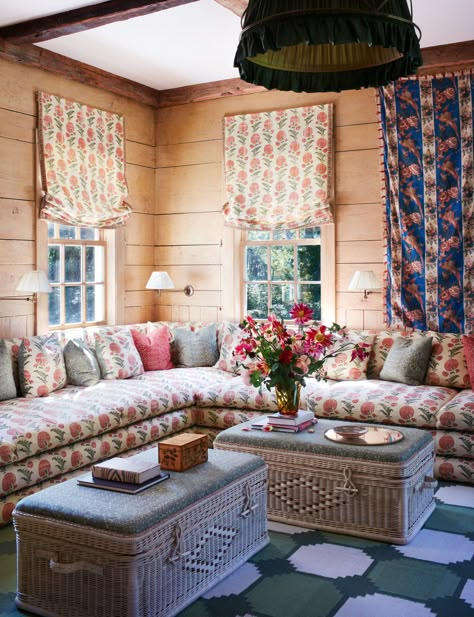 More of a Storied Connecticut House Made New With Vibrant Color and Pattern | Architectural Digest Virginia Tupker, Wide Oak Flooring, Hamptons Farmhouse, Connecticut House, Vintage Loveseat, Plain English Kitchen, Hand Printed Wallpaper, Pine Bookcase, Maximalist Home