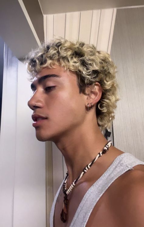 Men Curly Highlights Hair, Mens Dyed Hair Ideas Curly, Frosted Tips On Curly Hair Men, Dominic Fike Hairstyle, Guys Highlights Men Hair Curly, Men Curly Blonde Hair, Platinum Blonde Hair Men Curly, Dyed Hair Men Curly, Blond Curly Mullet