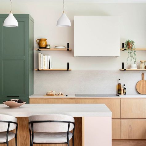 Naked Kitchens | Gorgeous oak J-Groove handle kitchen with a pop of green in the tall cabinetry to bring the earthy colours of the outside in! The natural… | Instagram Backsplash Ideas Kitchen, Scandinavian Color Palette, Wall Colour, Earthy Colours, Minimalist Kitchen Design, Scandinavian Interior Design, Remodel Kitchen, Scandinavian Decor, Scandinavian Inspired