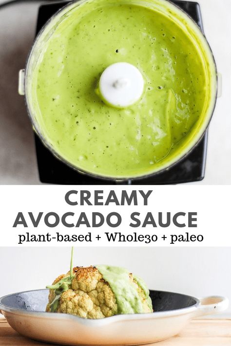 Roasted Head Of Cauliflower, Avocado Sauce Recipe, Roasted Cauliflower Head, Wooden Skillet, Dairy Free Sauces, Crema Recipe, Creamy Avocado Sauce, Avocado Vegan, Avocado Crema