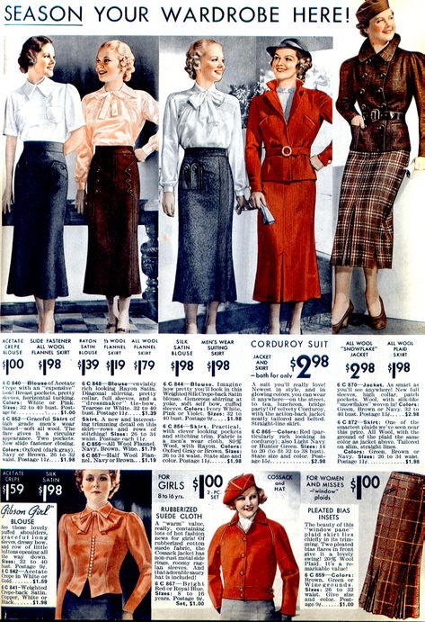 Hello! Today I’ve got more fun 1930’s inspiration to share from you.  This is from Fall/Winter 1935-1936. This catalog page includes a bevy of separates that will make your wardrobe sin… 1930s Business Woman, Womens 1930s Fashion, 1930s Fashion Catalog, 1940s Ladies Fashion, 1930 Winter Fashion, 1932 Fashion Women, Vintage 30s Fashion, 1930 Fashion Women Dresses, 1933 Fashion Women