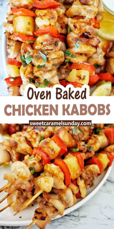 Oven Chicken Kabobs are quick and easy to make! Succulent, juicy and tender chicken with a sweet honey teriyaki marinade and vegetables make these the perfect dinner any night of the week! #easyrecipe @sweetcaramelsunday Chicken And Sausage Skewers, Chicken Pineapple Kabobs Oven, Sheet Pan Chicken Kabobs In The Oven, Teriyaki Chicken Kabobs In The Oven, Shiskabob Recipes Oven, Chicken Kabobs In Oven, Teriyaki Chicken Skewers Oven, Easy Kabob Recipes, Chicken Pineapple Kabobs