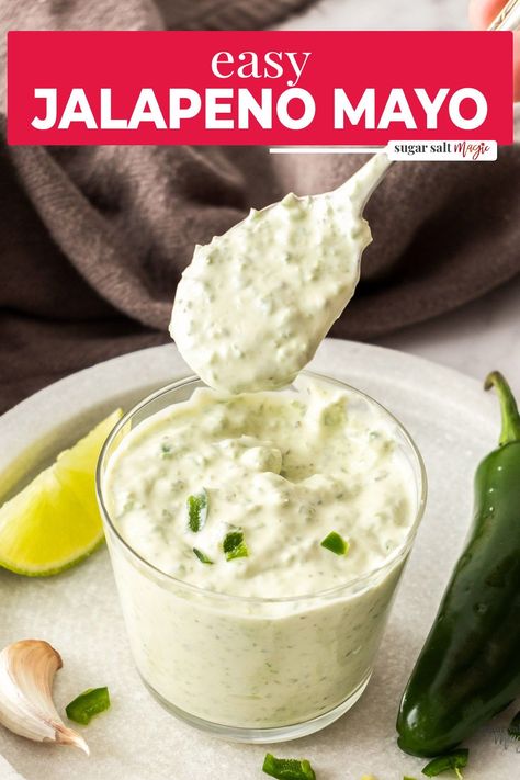 This jalapeno mayo is creamy, tangy and a little spicy, and just downright delicious. Perfect for dipping wings or spreading on burgers, it’s just 6 ingredients and so easy to make. Jalapeno mayo is wonderfully creamy, a little sweet, and a bit tangy, with a spicy kick from the little bits of jalapeno all the way through. It's the perfect combination of flavours and textures, and it tastes great with a variety of different dishes! Jalapeño Mayo Sauce, Jalapeno Mayo Recipe, Jalapeno Dip Recipes, Creamy Jalapeno Sauce, Burger Sauces Recipe, Homemade Mayonnaise Recipe, Mayo Recipe, Homemade Dips, Homemade Sandwich