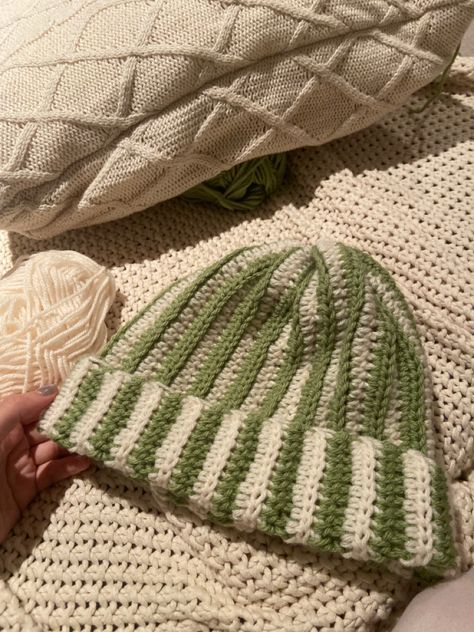 White And Green Crochet, Sage Green Crochet, Beige Crochet, White Beanies, Green Crochet, Brown Hats, Crochet Beanie, Crochet Hat, Half Double Crochet