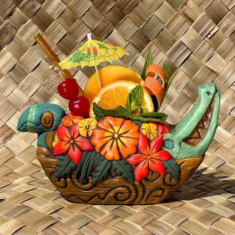 Tiki tOny's Flower Boat Canoe - Ceramic Tiki Mug - Limited Edition / Limited Time Pre-Order Tiki Lounge, Tiki Mug, Tiki Art, Enchanted Tiki Room, Event Menu, Tiki Room, Swizzle Sticks, Metal Bar, Tiki Bar