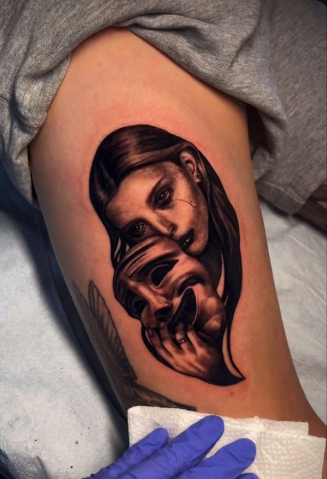 Mask tattoo or sad girl tattoo Shattered Face Tattoo, Heartless Tattoo, Face Tattoos For Women, Portrait Tattoos, Lady Portrait, Mt Vernon, Mask Tattoo, Girl Tattoo, Up Tattoos