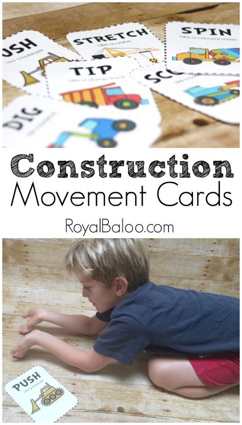 Free Construction Movement Cards. Fun brain break or rainy day activity for kids who love construction machines! Theme Activities For Kids, Construction Activities Preschool, Construction Theme Preschool, Preschool Construction, Movement Cards, Construction Unit, Rainy Day Activities For Kids, Rainy Day Activity, Community Helpers Theme