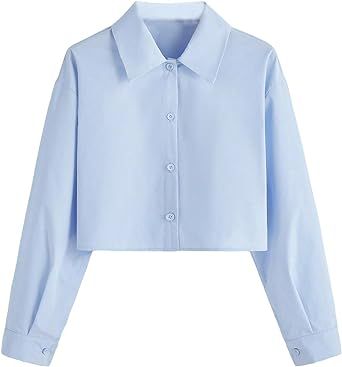 Verdusa Women's Button Down Long Sleeve Collar Shirt Blouse Crop Top Bra Sewing, Plain Shirt, Crop Top Outfits, Wardrobe Closet, Plain Shirts, Crop Top Blouse, Button Front Shirt, Casual Blouse, Crop Shirt