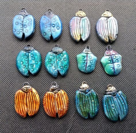 Beetles Silvana Bates | Pieces for earrings, polymer clay | Flickr Clay Beetle, Clay Bugs, Polymer Clay Beads Diy, Ceramic Bead Jewelry, Ceramic Jewellery, Kids Clay, Polymer Clay Sculptures, Clay Craft, Group Art