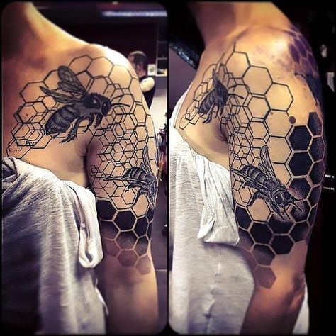 Black honeycomb and bees on the shoulder and chest. Style: Dotwork. Color: Black. Tags: Cool, Best, Creative, Awesome Geometric Honeycomb Tattoo, Honeycomb Tattoo, Omerta Tattoo, Skeleton Hand Tattoo, Shoulder Tattoos For Women, Bee Tattoo, Tattoo Videos, Skin Art, Chest Tattoo