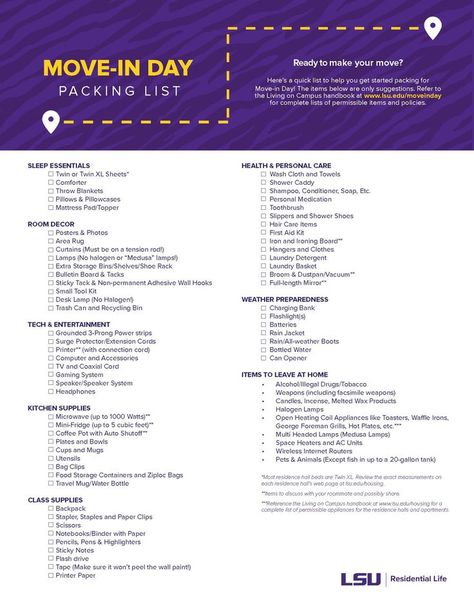 LSU Packing List College Move In Checklist, Lsu Dorm Room Ideas, How To Pack For College Move In Day, Moving To University Packing Lists, Lsu Dorm Room, Miller Hall Lsu Dorm, Msu Dorm Room Michigan State University, Lsu Dorm, Dorm List