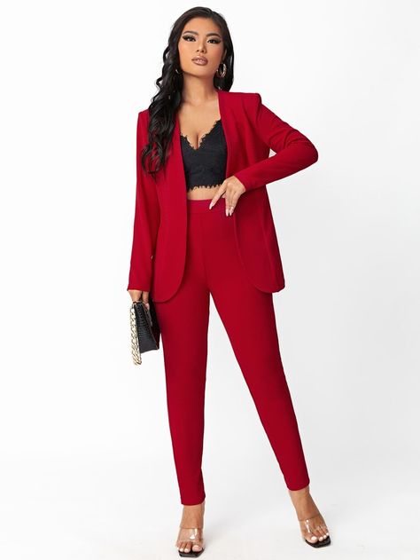 Free Returns ✓ Free Shipping On Orders $49+ ✓. SHEIN Solid Open Front Blazer & Pants Set Without Camisole- Women Suit Sets at SHEIN. Blazer Pants Set, Women Professional Attire, Red Suit, Open Front Blazer, Plain Tops, Red Blazer, Suit Pants, Tops Fall, Dressy Casual