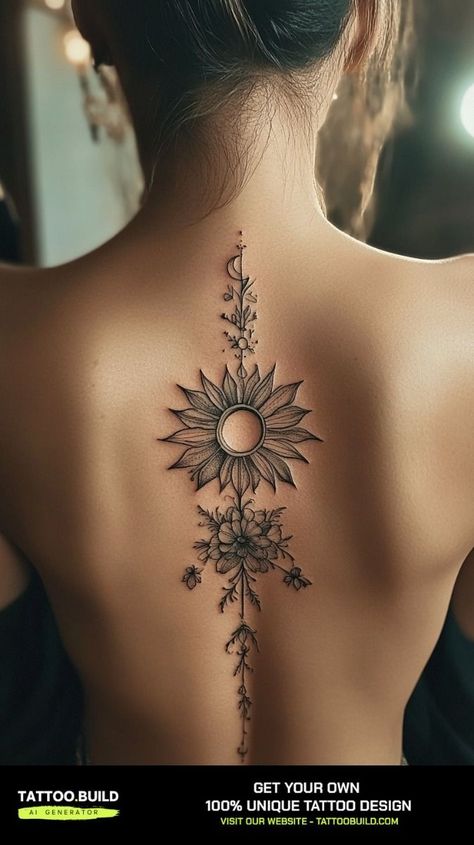 Sun Moon Stars Water Tattoo, Sun And Moon Spine Tattoo, Moon Spine Tattoo, Tattoo Sun, Strong Woman Tattoos, Sitting Room Decor, Moon Tattoos, Tattoos For Women Half Sleeve, Spine Tattoos For Women