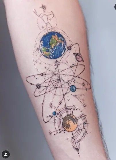 Solar System Tattoo Sleeve, Solar System Tattoo Minimalist, Tattoo Solar System, Geometric Universe Tattoo, Cosmos Tattoo, Science Tattoo, Cosmic Tattoo, Science Tattoos, Dna Tattoo