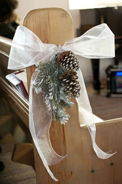 Pinecone and fir winter wedding aisle decor Pinecone Wedding Decorations, Church Pew, Winter Wedding Decorations, Wedding Aisle Decorations, December Wedding, Winter Wedding Inspiration, Winter Wonderland Wedding, Aisle Decor, Wonderland Wedding