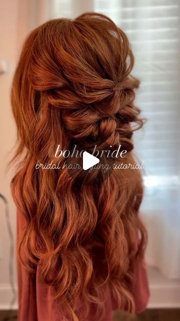 Katelyn Grimes on Instagram: "This song has been ON REPEATTTTT. Anyway here is some red hair inspiration for those boho brides! 💖  #BridalHair #weddinghair #hairtutorial #hairreels #hairtutorials #hairvideos #hairtutorialvideos #weddinghairtutorial #weddinghairinspo #weddinghairideas #prettyhairstyles" Red Hair Bridal Hairstyles, Red Hair Half Up Half Down, Red Hair Wedding Hairstyles, Red Hair Brides, Red Bridal Hair, Red Hair Inspiration, Wedding Glam, Wedding Hairstyles Tutorial, Hair Videos Tutorials