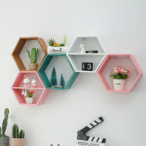 Hexagonal Shelves, Hexagon Wall Shelf, Craft Shelves, Funky Colors, Pot Storage, Wall Shelf Decor, Interior Design Themes, Mounted Shelves, Affordable Decor