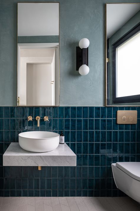 Teal Bathroom, Engineered Flooring, Floating Vanity, Bowl Sink, Blue Tiles, Bathroom Renos, Bathroom Colors, Bath Design, Bathroom Inspiration