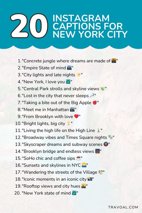 Looking for the best Instagram captions for your New York City photos? Discover 50 raw and authentic Instagram captions that capture the essence of the Big Apple! From iconic landmarks to hidden gems, these captions will make your NYC memories unforgettable. Perfect for travel enthusiasts and photography lovers. Pin now and make your NYC posts stand out! Insta Captions For Nyc, New York City Captions Instagram, Nyc Captions Instagram, New York Quotes Instagram, New York Captions Instagram, Nyc Instagram Captions, Instagram Captions Travel, New York Quotes, Best Instagram Captions