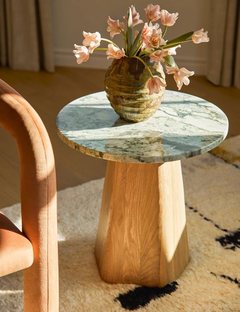 Hendel Round Marble Side Table Carved Wood Side Table, Pedestal Drink Table, Side Table Decor Living Room Diy, Round Marble Side Table, Marble Top Furniture, Organic Modern Side Table, Side Table Green, Side Table Marble, Marble Top Table