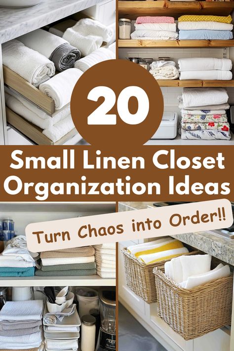 Tired of a messy linen closet? Discover 20 game-changing organization ideas designed for small linen closets. Make your closet neat and functional with these simple, effective storage tips! #LinenClosetOrganization #SmallClosetStorage #SpaceSavingTips #OrganizedHome #ClosetOrganization Deep Closet Storage Solutions, Organizing Ideas For Linen Closet, Linen Closet Storage Ideas Small Spaces, Small Closet With Vanity Built In, Storage Drawers Closet, Linen Closet With Drawers, Linen Closet Design Layout, Linen Closet Design Ideas, Small Deep Closet Organization