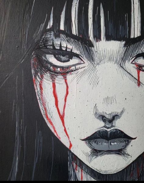 Female Ghost Drawing, People Screaming Drawings, Two Faced People Drawing, Hatred Expression, Digital Horror Aesthetic, Female Rage Drawing, Broken Doll Face Trend, Bloodied Character Art, Blood On Face Drawing