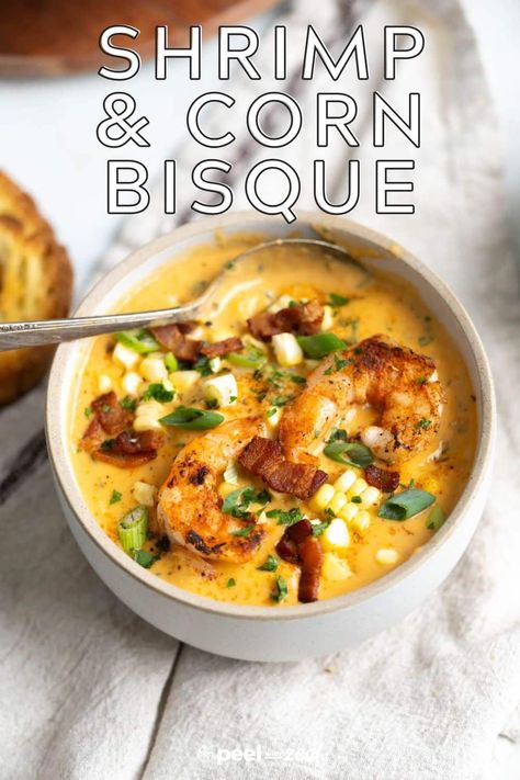 Indulge in this simple, creamy Cajun shrimp bisque abundant with corn and bacon. A rich, gluten-free corn soup bursting with flavor, unlike any corn and shrimp bisque you've tasted before! Shrimp Corn Soup Cajun, Bacon Shrimp Corn Chowder, Shrimp And Corn Soup Louisiana, Cajun Soups, Corn Bisque Soup, Shrimp Corn Bisque, Shrimp Bisque Soup, Corn And Shrimp Chowder, Shrimp And Corn Bisque