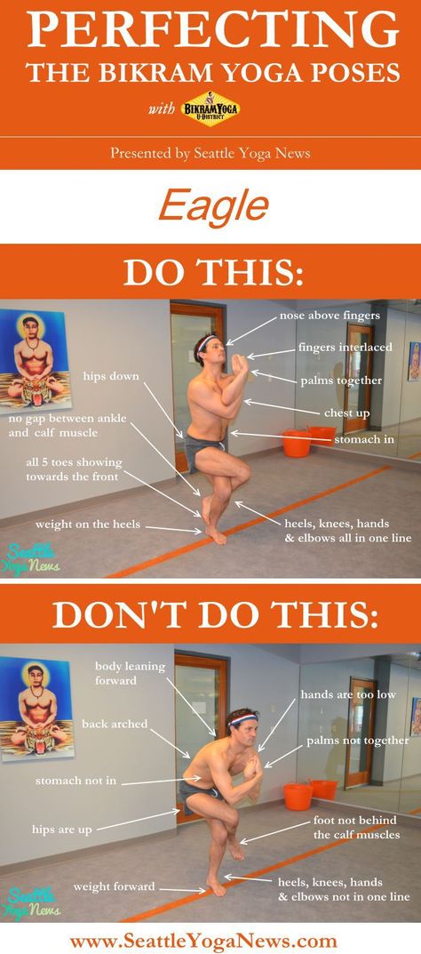 Looking to perfect your Bikram yoga eagle yoga pose? Take a look at this eagle yoga pose guide that visually explains what to do and what not to do. Bikram Yoga Poses, Yoga Bikram, Eagle Pose, Yoga And Stretching, Yoga Goals, Yoga Relaxation, Yoga Time, Yoga Anatomy, Yoga Guide