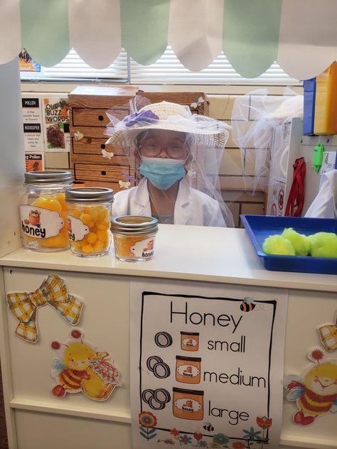 Sell honey and check on the hives Beekeeper Dramatic Play, Honey Activities For Preschool, Bug Dramatic Play, Dramatic Play Bee Hive, Bee Provocations, Bee Reggio Emilia, Reggio Bee Activities, Bee Inquiry, The Hives