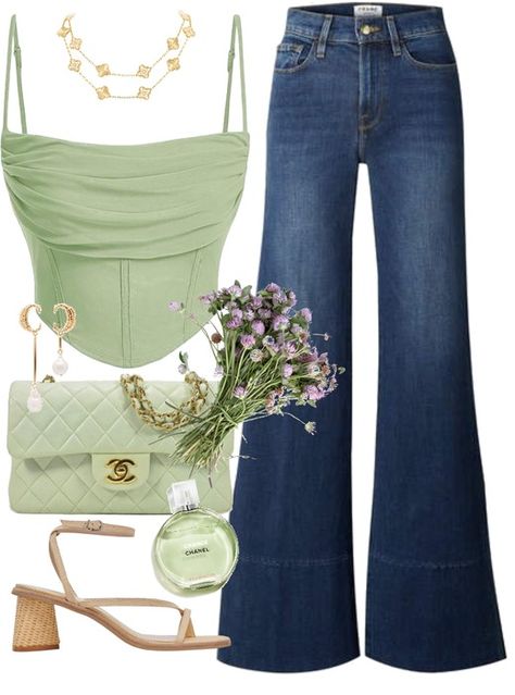 spring day with my best friend bella Outfit | ShopLook Day Drink Outfits, Day Out With Friends Outfit, Fairycore Spring Outfits, Marketing Outfit, Detailed Outfits, Green Fairycore Tops For Spring, Green Clothes Aesthetic, Green Fairy Aesthetic Clothes, Casual Outfits With Heels