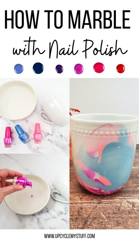 How to Marble with Nail Polish - Upcycled Mug Craft Painting Planters, Acrylic Paint Storage, Nail Polish Quotes, Marble Nail Polish, Nail Polish Marbling, Nail Polish Tutorial, Old Nail Polish, Polish Crafts, Marble Mugs