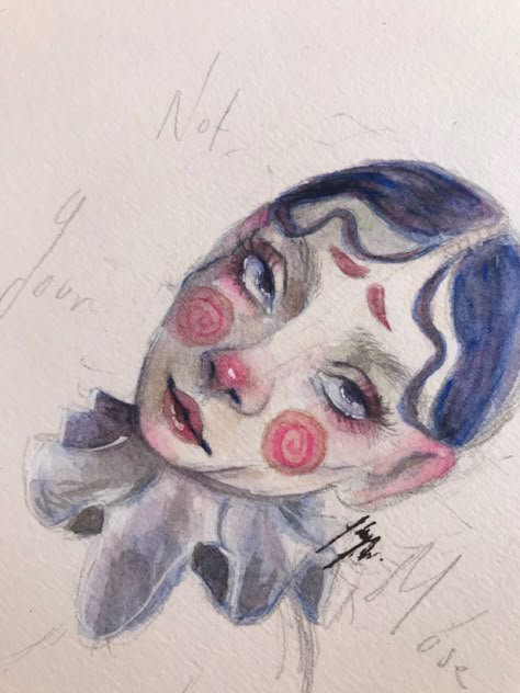 #clown #drawing #drawingideas #cottagecore #aesthetic #watercolor #watercolorarts #portrait #watercolorportrait #dessin #originalart #artwork Clown Artwork, Female Clown Drawing, Draw Drawing, Aestethic Drawing, Doll Face Drawing, Draw Watercolor, Drawing Clown, Draw Aesthetic, Draws Aesthetic