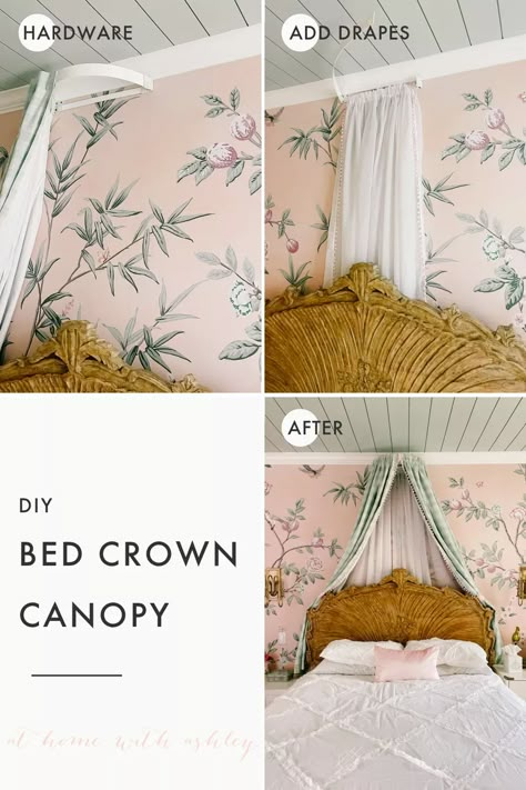 DIY bed crown- a small version of a canopy over a bed. A tutorial for how to make this bed decoration with a store bought curtain or drape. Also called a corona or wall teester. This is perfect for girls rooms, over a crib, a princess room, or if you want that grandmillenial victorian romantic look in your bedroom Diy Canopy Crown, Bed Drapery Ideas, Bed Cornice Canopy, Diy Daybed Canopy, Bed Coronas Ideas, Teester Bed Crown Ideas, Diy Crown Canopy Over Bed, Diy Tulle Bed Canopy, Easy Bed Canopy Diy