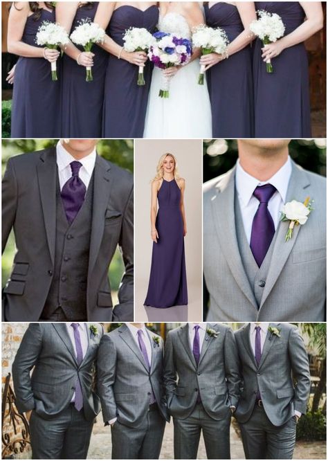 Grey Suits and Dark Purple Dresses Gray And Purple Wedding Theme, Grey And Plum Groomsmen Suits, Grey And Purple Groomsmen Suits, Dark Grey Suit Purple Tie, Purple Bridesmaid Grey Groomsmen, Dark Grey And Purple Wedding, Dark Purple And Gray Wedding, Deep Purple Tuxedo Wedding, Dark Purple And Silver Wedding