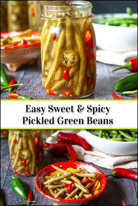 This spicy pickled green beans recipe is an easy and delicious refrigerated pickle vegetable that is both sweet and spicy. It makes a great healthy and low carb snack and it's easy to make. So if you have a crop of fresh green beans from the garden this is a great way to use them out for a healthy snack. Ten pieces have just 1.9 grams net carbs. Pickled Green Beans Recipe, Fermented Green Beans Recipe, Easy Pickled Green Beans, Canning Spicy Green Beans, Canned Spicy Green Beans, Sweet Pickled Green Beans, Spicy Pickled Green Beans, Quick Pickled Green Beans, Spicy Pickled Beans