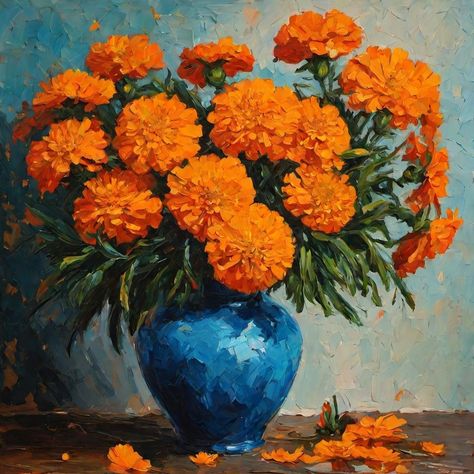 Marigold Oil Painting, Marigold Flower Painting, Marigold Painting, Future Painting, Orange Painting, Rennaissance Art, Flower Painting Canvas, Tableau Art, Flower Art Images