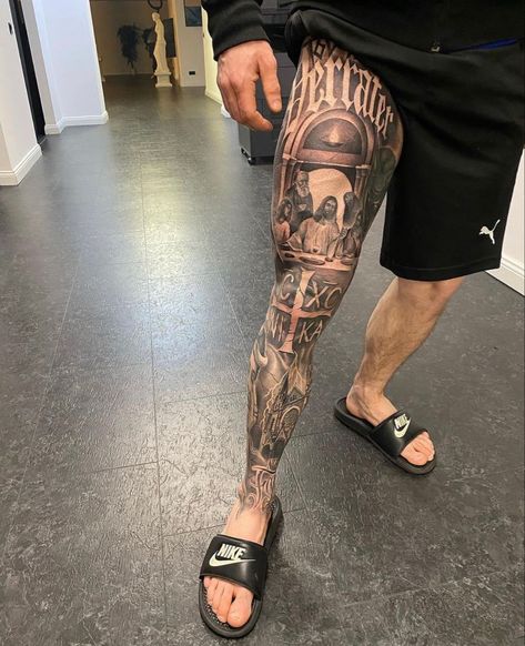 Creative Leg Tattoos Men, Tattoo Full Body Men, Leg Sleeve Tattoo Men Full, Men's Leg Tattoos, Men’s Tattoo Ideas Leg, Full Leg Tattoo Men, Leg Tats Men, Mexican Tattoo Ideas For Men, Tattoo Full Leg