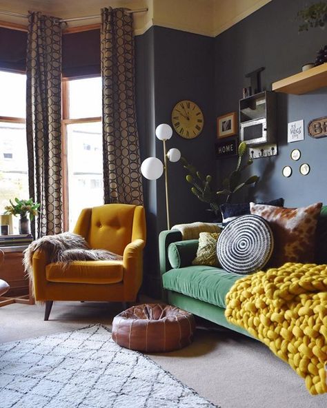 Green Velvet Couch, Yellow Ochre Velvet Chair Colorful Eclectic Living Room, Yellow Chair, Eclectic Living Room, A Living Room, Eclectic Home, Eclectic Decor, Living Room Inspiration, Living Room Sets, 인테리어 디자인