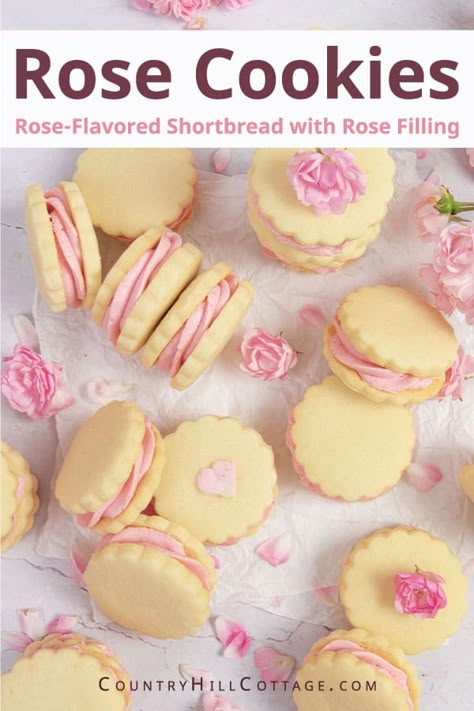 Tea Party Cookie Recipes, Rose Recipes Food, Rose Cookies Recipe, Rose Dessert Recipes, Coquette Recipes, Coquette Bakery, Rose Sugar Cookies, Cookies For Tea, Rose Buttercream