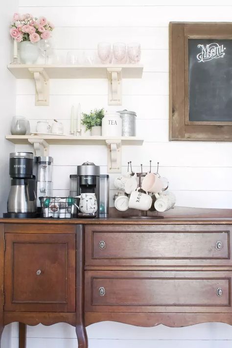 15 Quick and Easy Kitchen Upgrades you can do in a Day | Hometalk Coffee Bar And Bookshelf, Vintage Buffet Coffee Bar, Coffee Bar Sideboard Ideas, Antique Buffet Coffee Bar, Buffet Cabinet Coffee Bar, Coffee Bar On Buffet Table, Free Standing Coffee Bar, Antique Coffee Bar Ideas, Buffet Coffee Bar Ideas